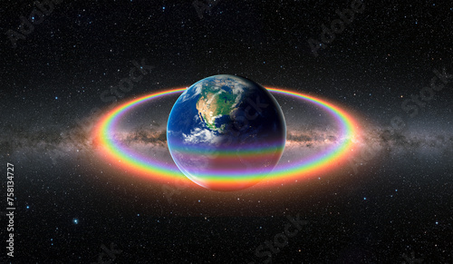 Rainbow surrounds the Planet Earth with Milky Way galaxy in the background "Elements of this Image Furnished by NASA"