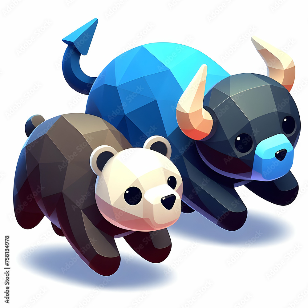 3D Flat Icon Stock Market Dynamics Concept as Abstract Bull and Bear Silhouettes with white background and isolated cute cartoon 3D Flat Icon Stock Market Dynamics Concept as Abstract Bull and Bear Silhouettes with white background and isolated cute cartoon