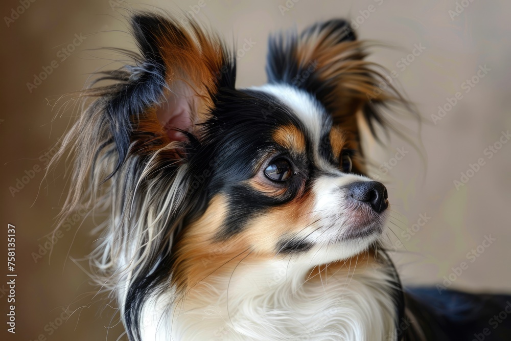 A small dog with brown and white fur and black ears