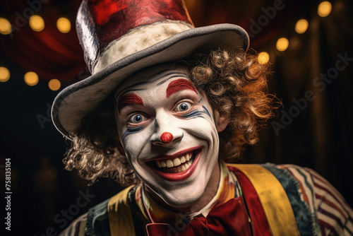 Horror circus actor performer clown fun time children fair Generative AI funny and freaky face expression