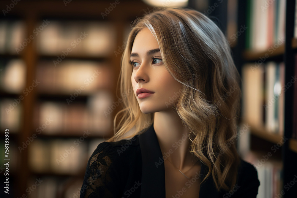 Generated with AI image of young librarian or college teacher woman standing in library in front of book shelves Generated with AI image of young librarian or college teacher woman standing in library in front of book shelves