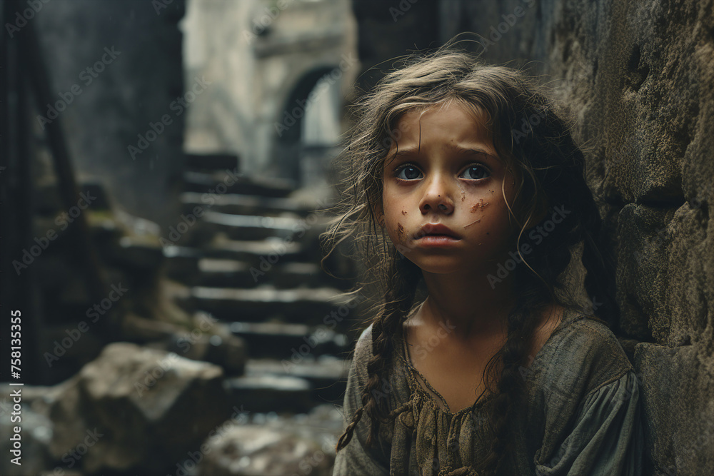 Generative ai picture of orphan kid affected by war alone in bombed and destroyed city Generative ai picture of orphan kid affected by war alone in bombed and destroyed city