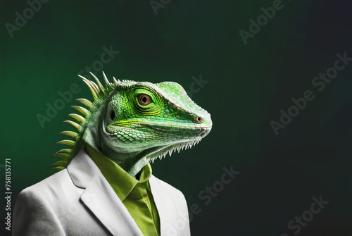 Green lizard in a white Suit on a dark background, illustration.