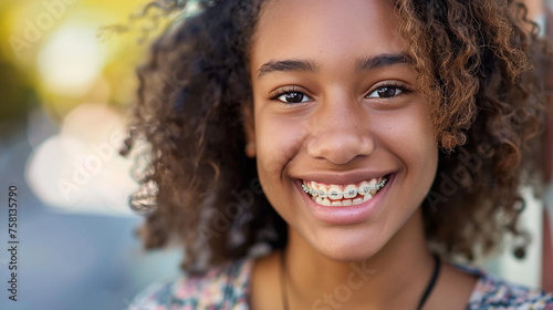 Smiling girl teenager with braces mouth.  © Vika art