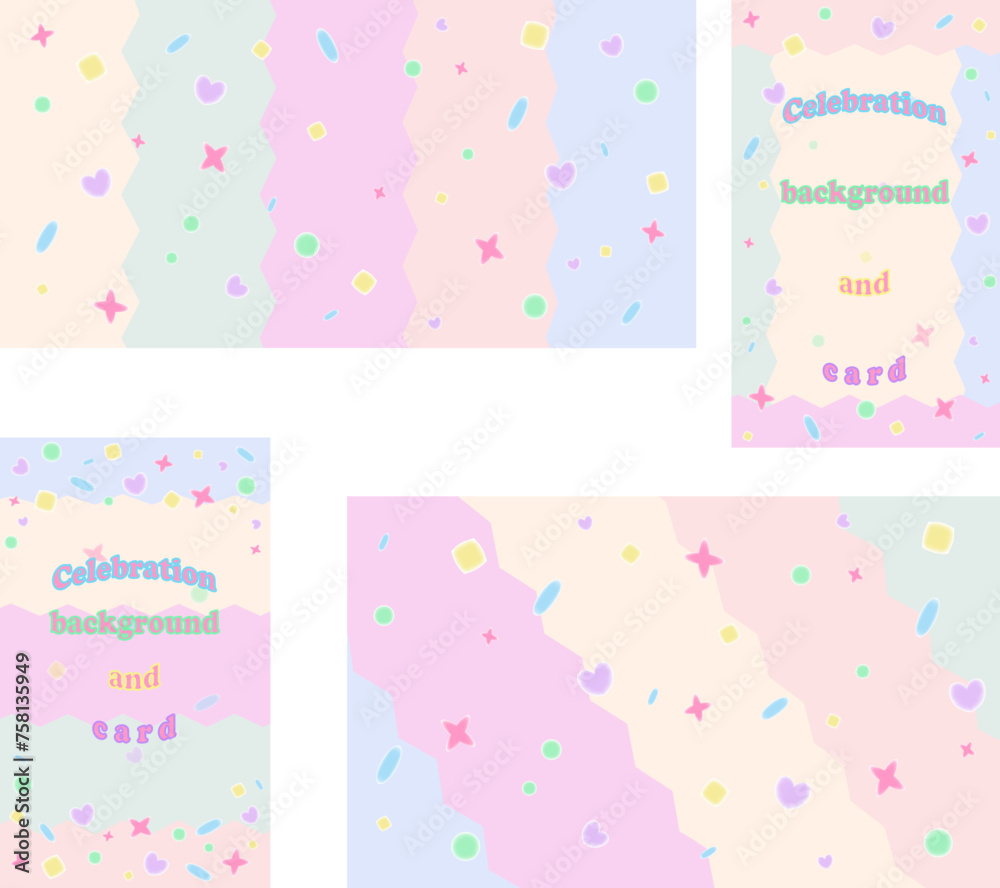 Collection of two backgrounds and two cards for children's celebration with gradient small shapes on the colorful striped background. 