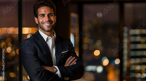 Elegant male professional with arms crossed in urban office © VibrantVisionsStudio