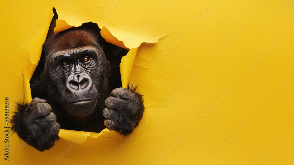 A contemplative gorilla peering through torn yellow paper, hinting at intelligence and emotion A contemplative gorilla peering through torn yellow paper, hinting at intelligence and emotion