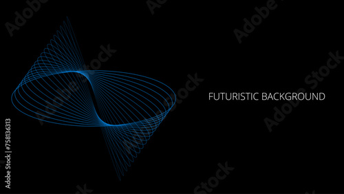 Black abstract background with blue outline swirl, modern geometric pattern, blended lines, space orbit, gravity lines	