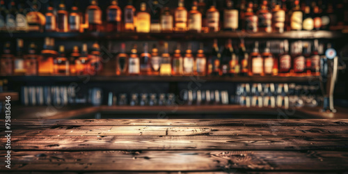  empty wood table top with blurred shelves full of bottles in the bar background, for product display montage. Concept for advertising design, layout presentation.banner