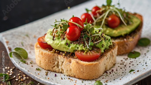Close-up photograph of a sandwich crafted with dark rye bread, spread with a velvety sauce, adorned with sliced tomatoes, and topped with delicate microgreens, presenting a harmonious blend of flavors