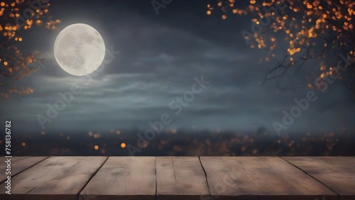 Empty wooden table and full moon night background. product display template.