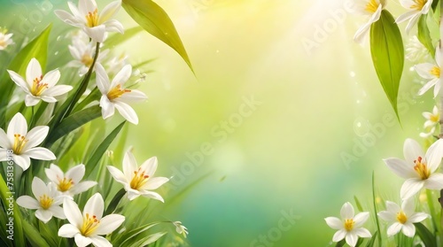 White crocus flowers on green grass. Spring background with copy space