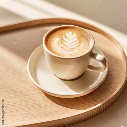 photo of white coffee cup on wood tray  latte or cappuccino with design