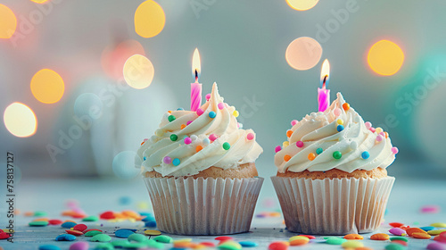 Dos magdalenas decoradas con nata y una vela rosa encendida para celebrar fiesta de cumpleaños en horizontal photo