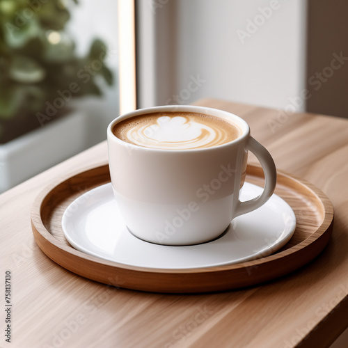 photo of white coffee cup on wood tray  latte or cappuccino with design