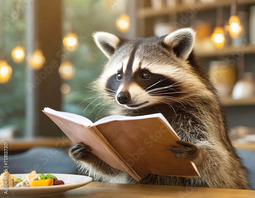 Racoon reading a menu in a restaurant, illustration. photo