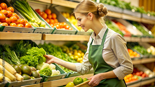 A female employee is sorting vegetables in a grocery store.