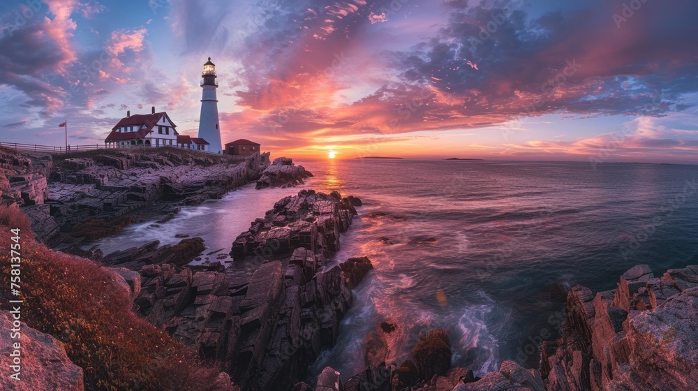 Portland head lighthouse: majestic sunset panorama