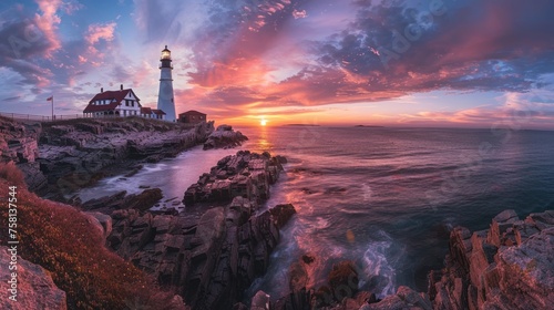 Portland head lighthouse: majestic sunset panorama