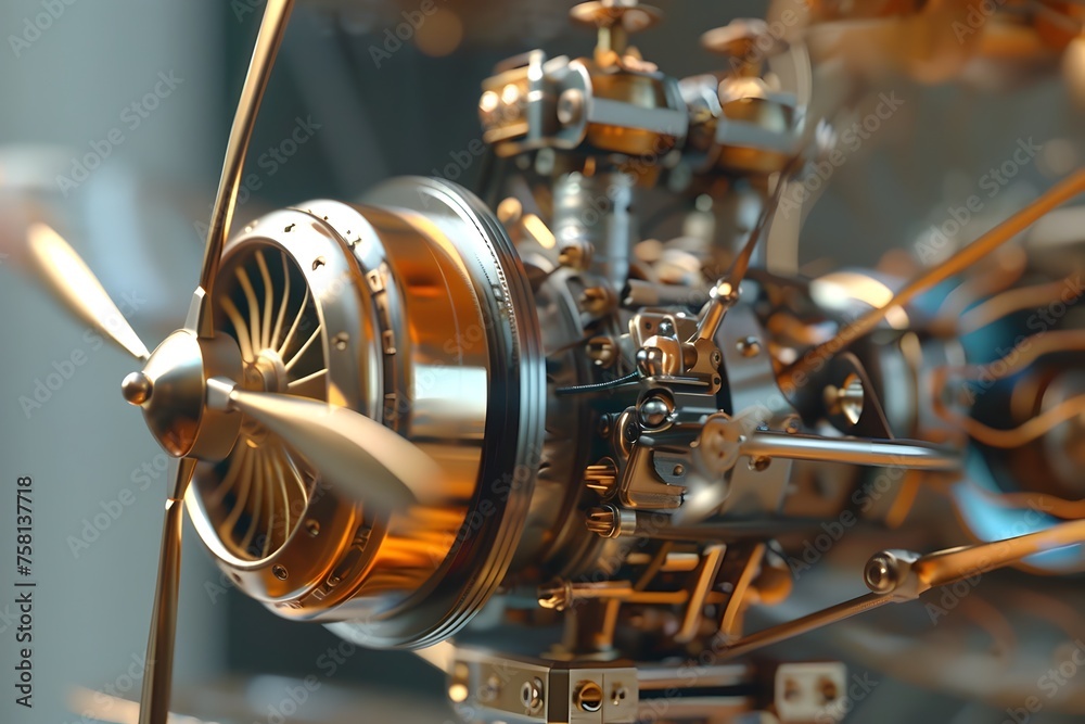 Intricate Brass Aircraft Engine Model on Display, Highlighting Aviation Technology and Design - obrazy, fototapety, plakaty 