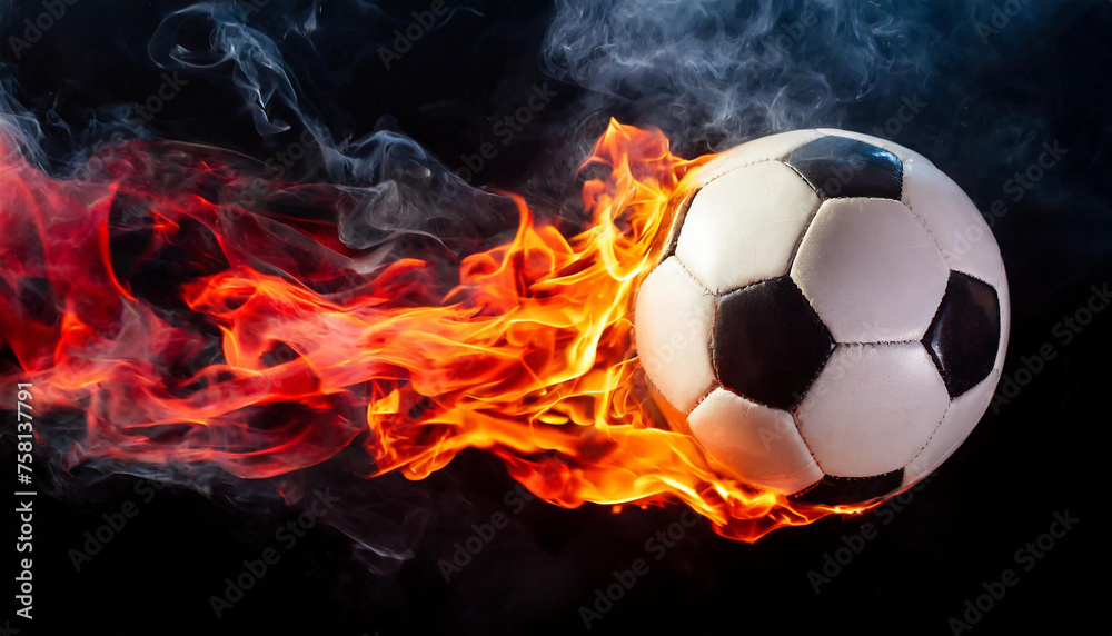 Fototapeta premium Burning soccer or football ball with smoke. Hot orange flame. Active sport. Black background.