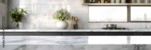 Empty beautiful marble table top counter and blur bokeh modern kitchen interior background in clean and bright,Banner, Ready for product montage