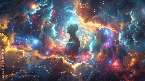 Meditation Within a Cosmic Nebula: A Human Silhouette Embodies the Infinite Possibilities of the Mind