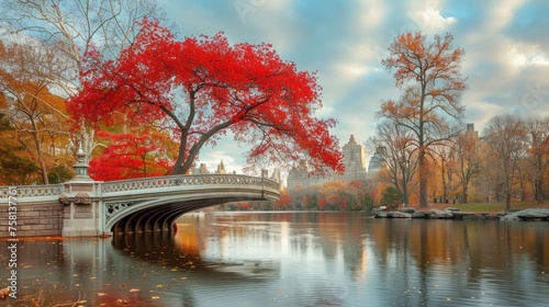 Vibrant fall scene: majestic red tree by bow bridge, central park, nyc photo