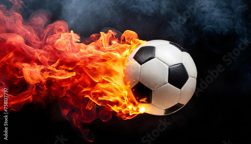 Burning soccer or football ball with smoke. Hot orange flame. Active sport. Black background. © hardvicore