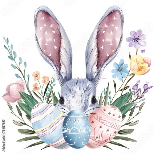 Watercolor Pastel Easter Bunny Ears with Spring Flowers and Eggs - Playful Cartoon Design for Kids photo