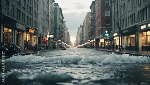 tsunami covers the city, water running through the streets among the buildings. Concept: natural disasters caused by earthquakes and floods. Destruction of architecture and cities photo