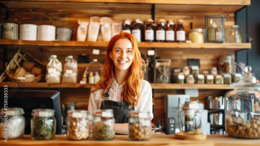Confident young woman, budtender, worker of marijuana shop Confident young woman, budtender, worker of marijuana shop