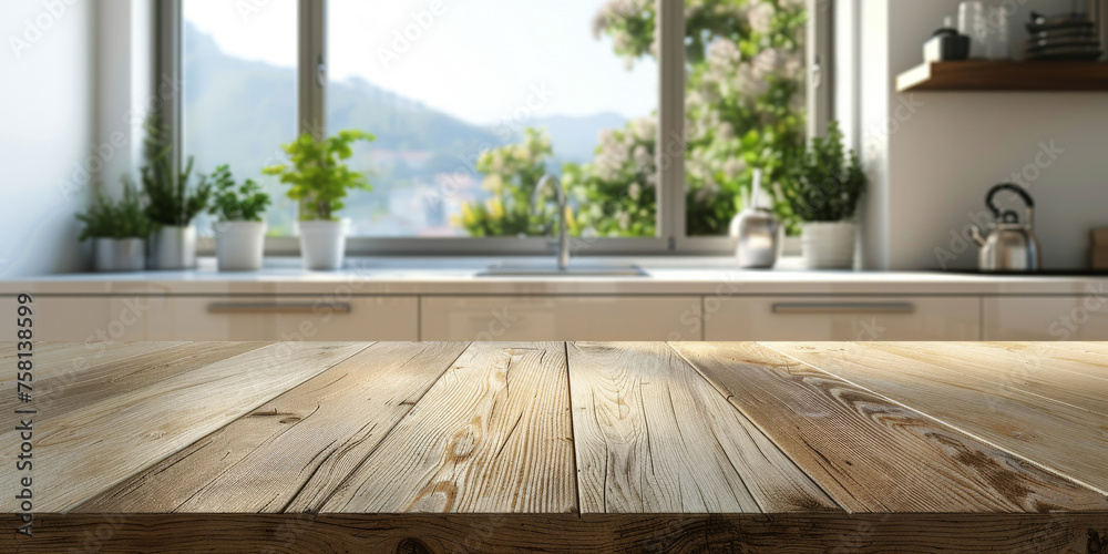 Empty wood table top counter on blur bokeh modern kitchen interior background in clean and bright,Banner, Ready for product montage, empty wooden table mockup - obrazy, fototapety, plakaty 