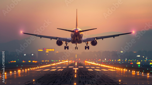 Passenger commercial plane landing at sunset, passenger airplane transport.
