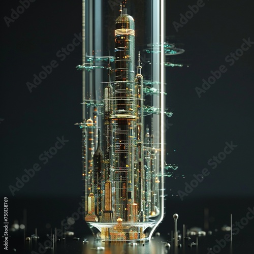 A futuristic cityscape contained in a glass test tube with intricate details and stunning architecture