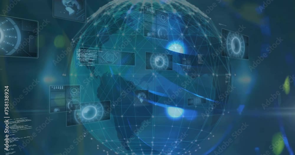 Animation of digital data processing and globe over dark background