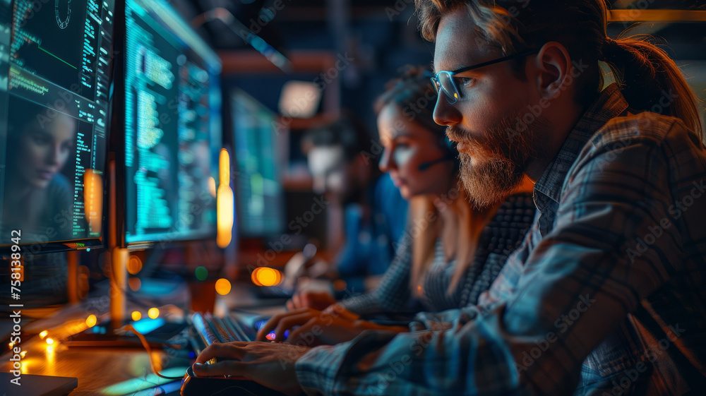 Programmers working together at night Programmers working together at night