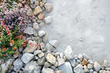 A peaceful pastel-colored rock garden with plenty of space for text or design elements