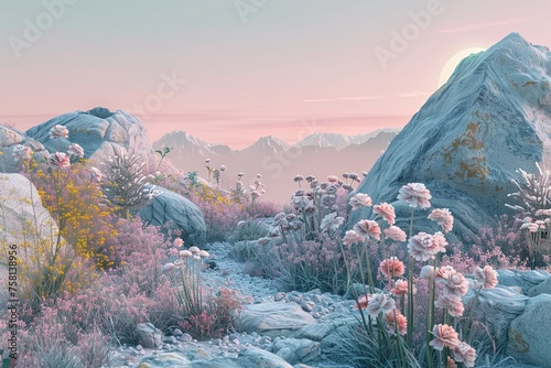 A serene planetary rock garden with pastel hues