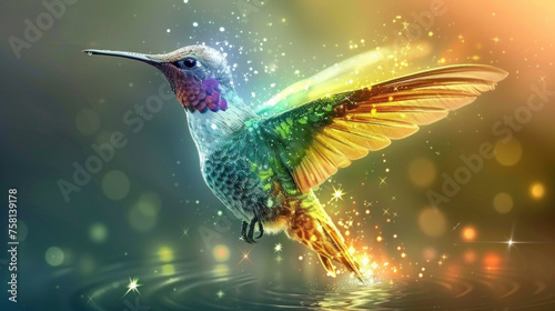 Magic glowing glittering multi-colored hummingbird splashing in water © Kondor83