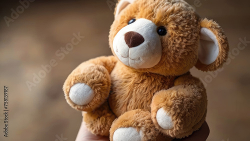Close-up photograph of a plush brown teddy bear, capturing its soft and cuddly appearance, perfect for evoking feelings of warmth and nostalgia, ideal for children's product promotions, greeting cards ©  Princess Turandot