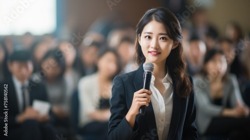 Beautiful young Asian businesswoman speaks with a microphone in front of a group of specialists, business leaders in the conference hall. Businessmen, Coaching, Training, Learning new methods of work.