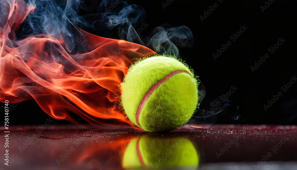 Burning tennis ball on the floor. Hot orange flame. Professional active sport. Black background.