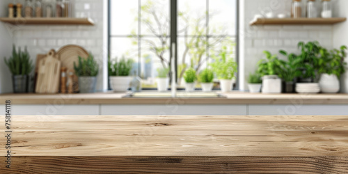 Empty wood table top counter and blur bokeh modern kitchen interior background in clean and bright,Banner, Ready for product montage,  © Planetz