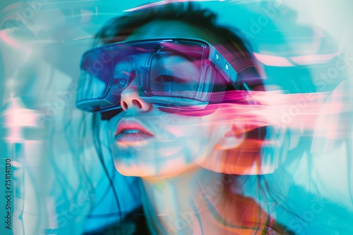 young woman wearing VR glasses portrait, blur, complementary duotone vibrant colors, elegant