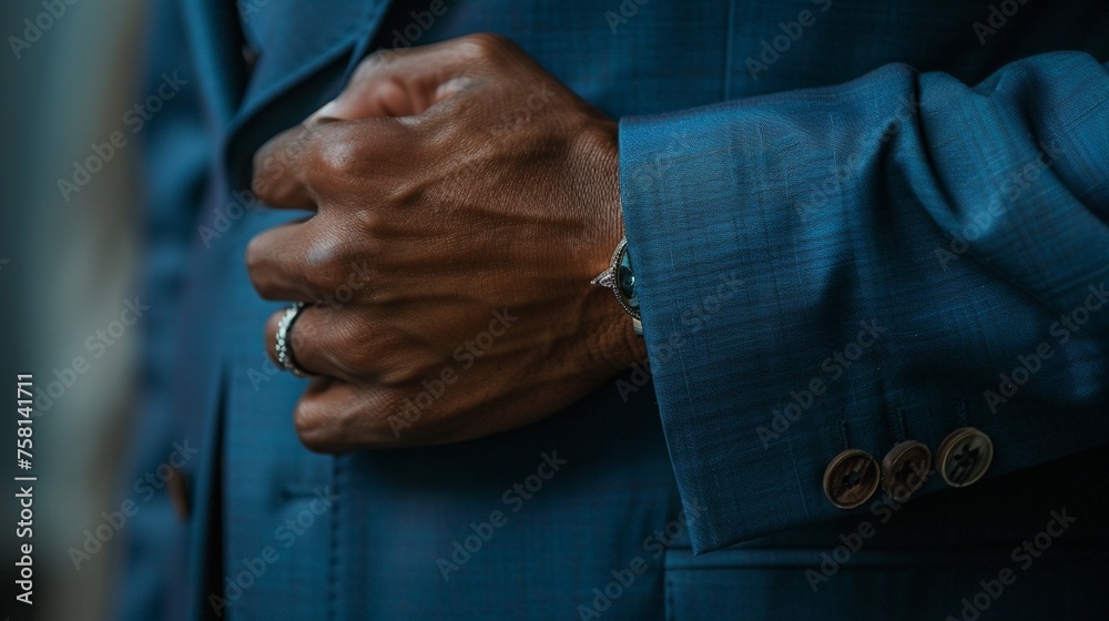 Close up of a mans hand with a ring and blue suit holding the sleeves to his jacket