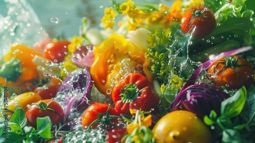Dynamic photo capturing a splash of water through vibrant salad ingredients for a fresh and healthy meal
