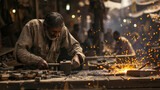 A skilled metalworker diligently shapes metal amidst flying sparks in a bustling traditional workshop setting, showcasing manual labor