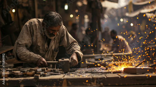 A skilled metalworker diligently shapes metal amidst flying sparks in a bustling traditional workshop setting, showcasing manual labor photo
