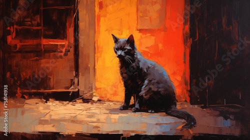 black cat with orange back ground painting style  photo